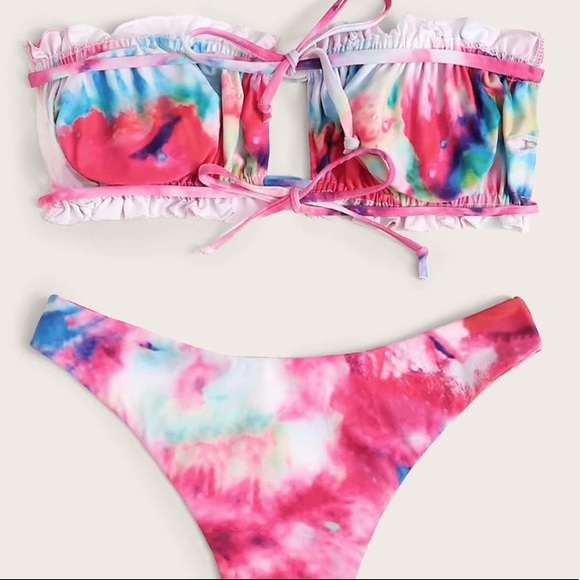 Tie Dye Ruched Bandeau High Cut Bikini Swimsuit - Picture 2 of 6
